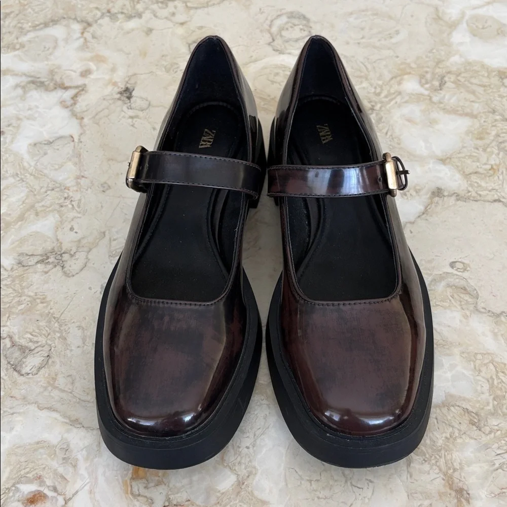ZARA Burgundy Patent Mary Jane Platform Loafers – Chunky Sole - Picture 5 of 10